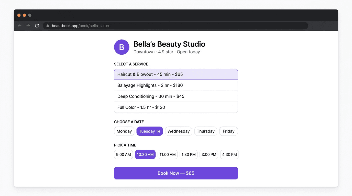 BeautBook online booking page on mobile